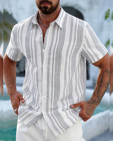 Men's Lapel Striped Button-Front Short Sleeve Shirt