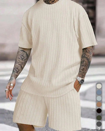 Men's Crew Neck Striped T-Shirt and Shorts Two-Piece Set